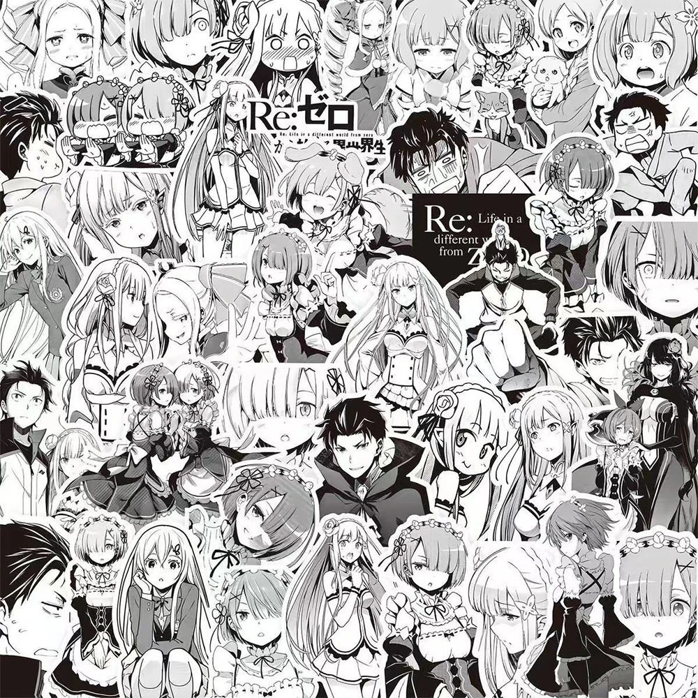 10/35/70pcs Natsuki Subaru Emilia Re Zero Stickers Puck Felt Satella Rem Ram Beatrice Anime Sticker Black and White Decal Toys