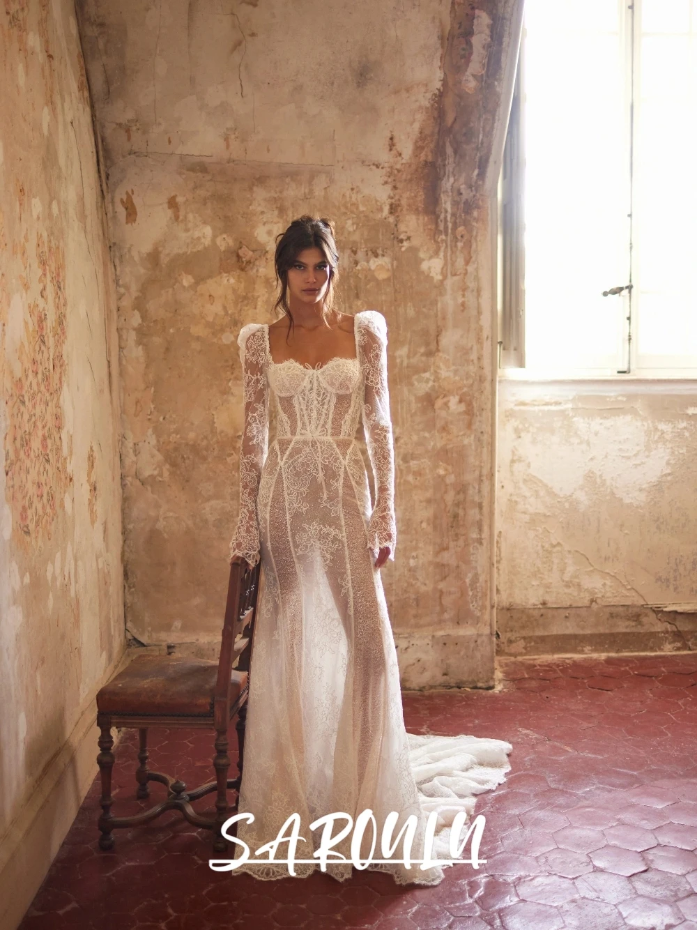 

2026 Romantic Long Sleeved Puff Sleeve Mermaid Wedding Dress Illusion Lace Open Back Sweet Bridal Gown With Train Custom Made