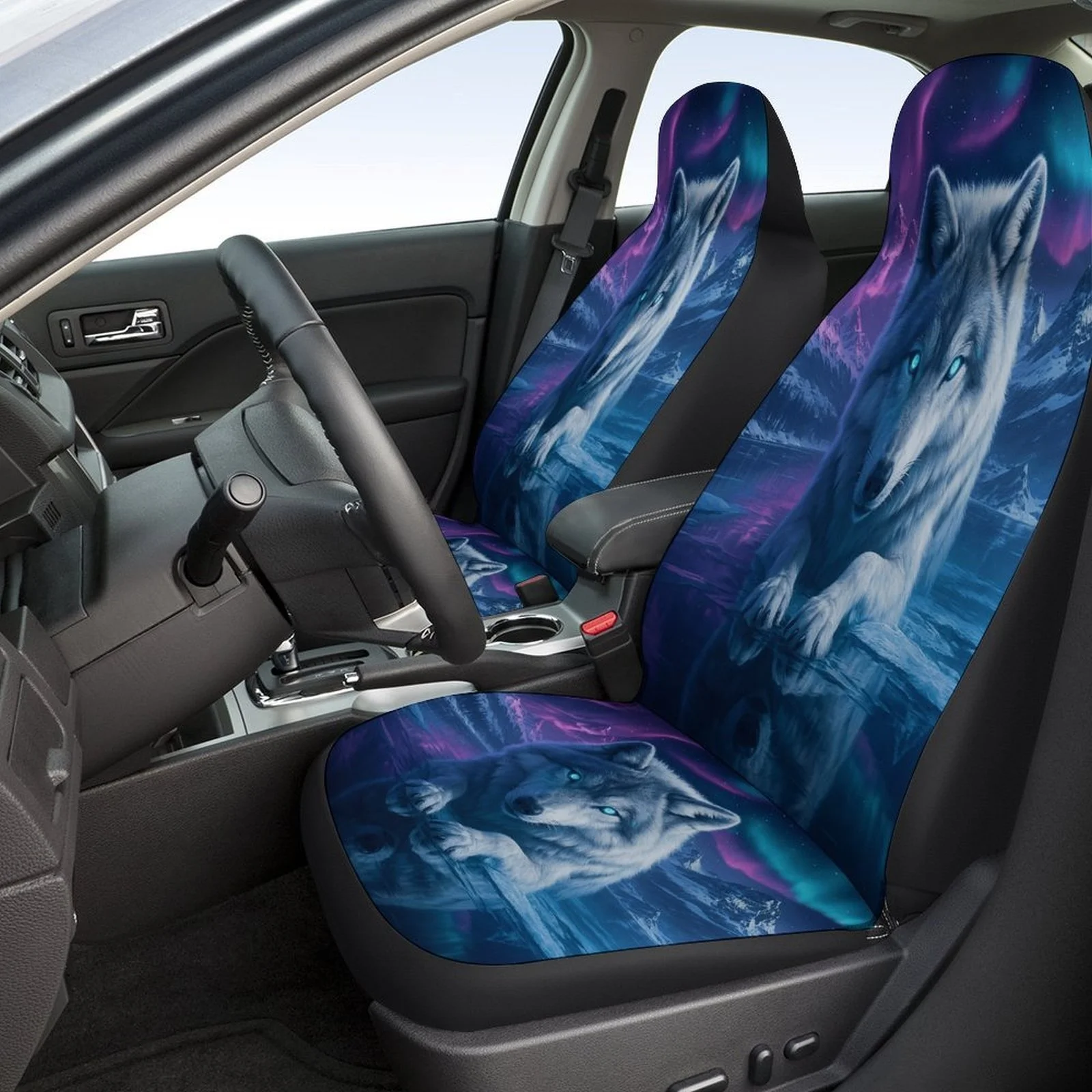 Wolf Under Aurora Designed Car Seat Covers Set For Most Cars, Trendy Novelty Decorative Car Seat Protector Covers Full Set, Univ