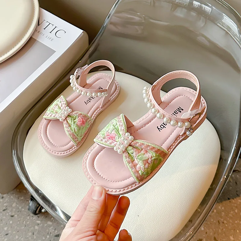 Girl Princess Embroider Sandals Summer Chinese Style Children Causal Flat Sandals Fashion Pearl Sweet Kid Dress Open-toe Sandals