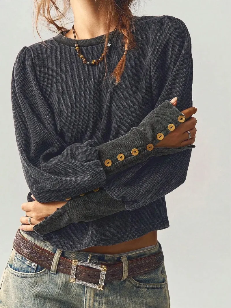 Women Autumn Winter Waffle Knit Sweatshirt Solid Long Sleeve Button Cuff Cropped Top Vintage Loose Casual Warm Pullover Blouse