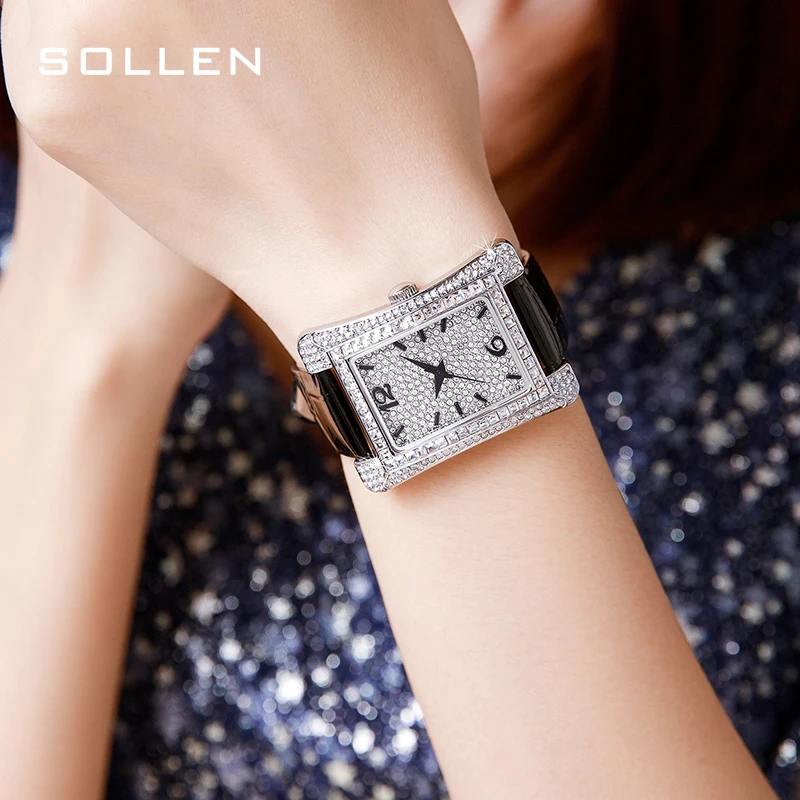 Switzerland SOLLEN Women's Luxury Watch Japan MIYOTA Quartz Movement Full Rhinestone Waterproof Leather Fashion Clock SL432