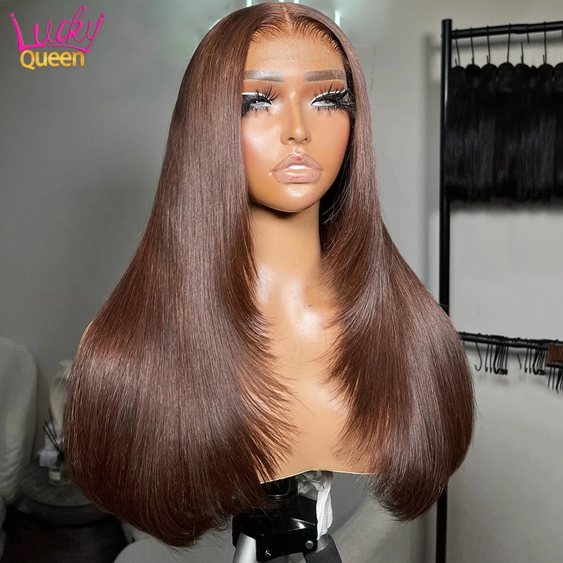 

Chocolate Brown Straight Transparent Lace 13X4 Frontal Human Hair Wig Pre Plucked #4 Colored 5X5 Closure Wig for Women