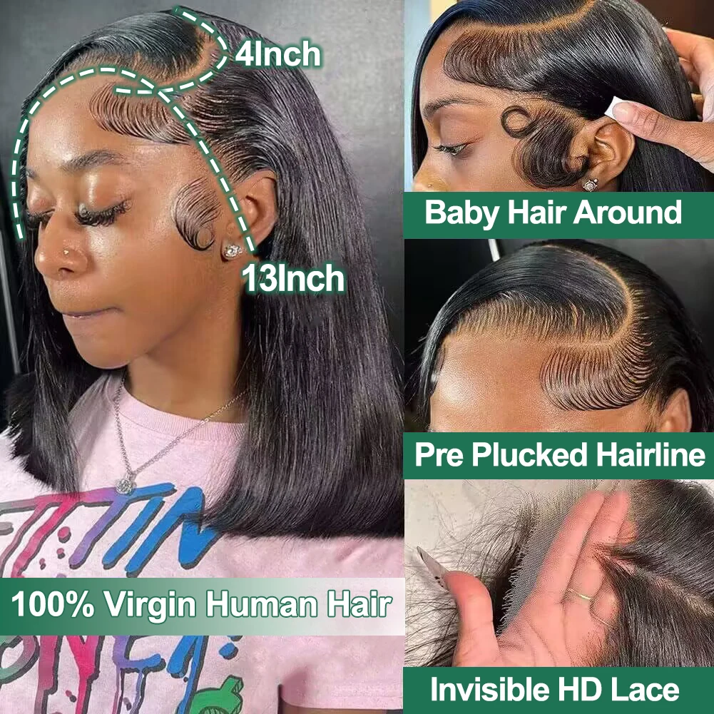 Bob Wig Human Hair 13X4 Lace Front Wig 180% Density Short Straight Frontal Bob Wig Transparent Lace Pre Plucked With Baby Hair