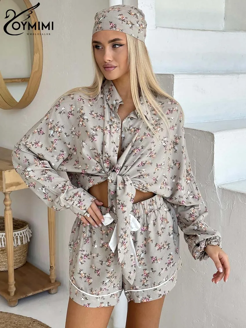 Oymimi Fashion Grey Print Womens 2 Piece Outfit Set Elegant Lapel Long Sleeve Button Shirts And Drawstring Shorts Female Sets