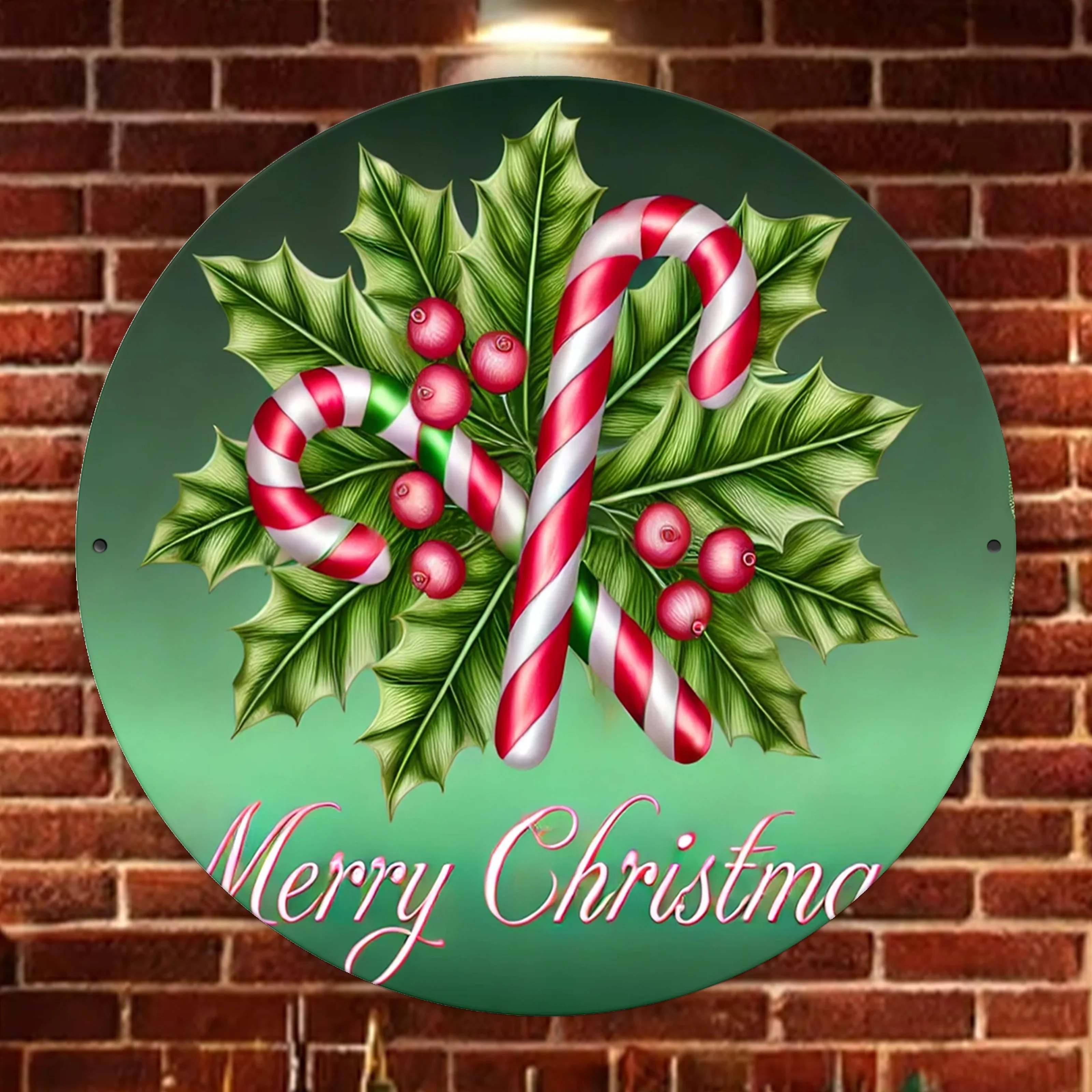 2D Flat, 3D Visual Effect Sign: 8 X 8 Inches Aluminum Candy Cane Holly Wreath Wall Decoration - Festive Christmas Room