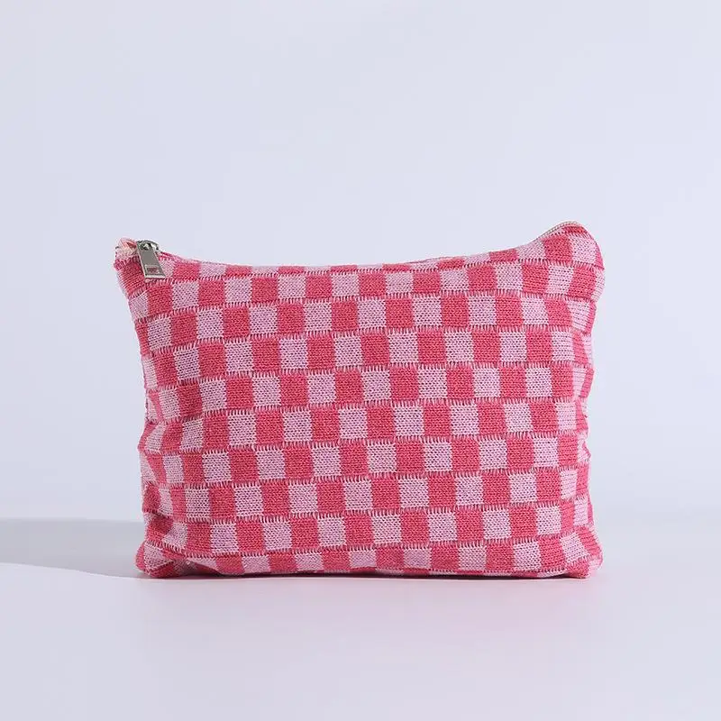 Checkerboard Knitted Makeup Bag Female Cosmetic Bags Women Large Capacity Make Up Organizer Bag Washing Bag Travel Organizer