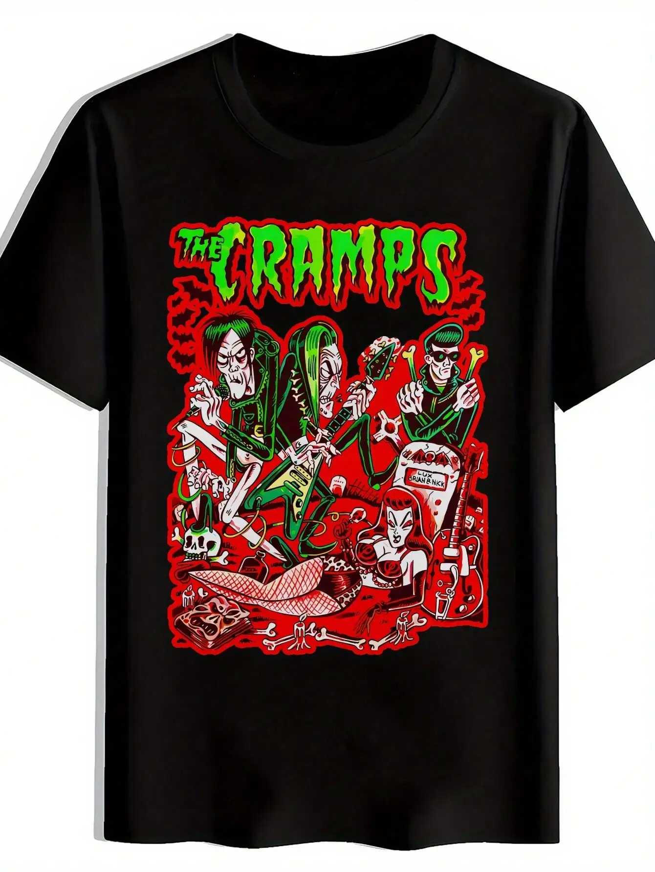 Camiseta con estampado de música rock para hombre The Cramps, camiseta informal de manga corta con cuello redondo y estampado de rayas negras, rojas y verdes