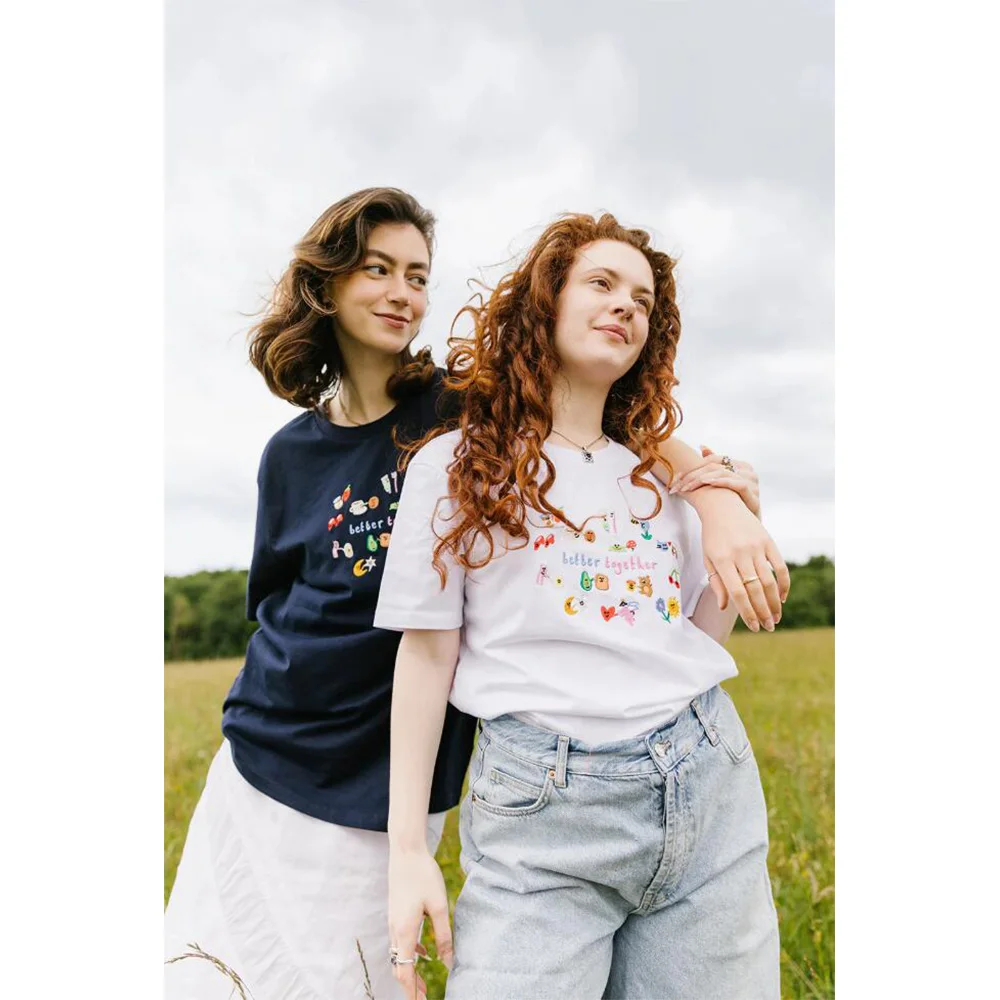 Better Together Cartoon Element Embroidered Cute T Shirts Women Thick Cotton Loose High Quality Tees Ins Fashion Casual Tshirt