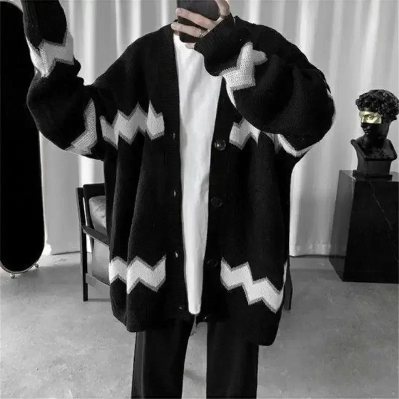 Knit Sweater Male Jacket V Neck Cardigan Men\'s Clothing Black Striped Coat Korean Autumn Clothes Casual Pull Oversize Cotton Fun