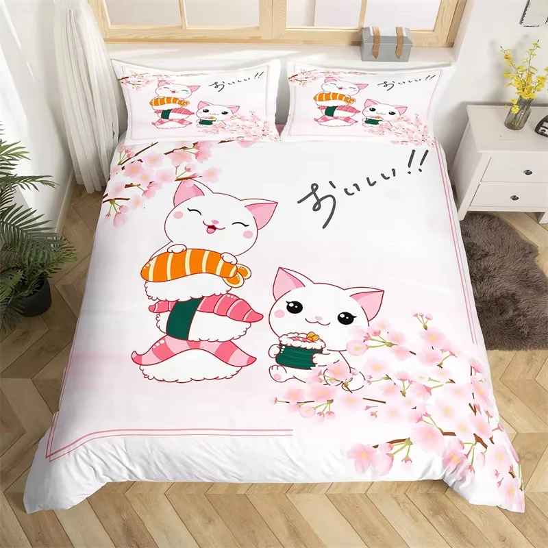 Cartoon Sushi Food Duvet Cover Twin For Kids Teen Microfiber Japanese Cuisine Bedding Set Kawaii Cat Cherry Blossoms Quilt Cover