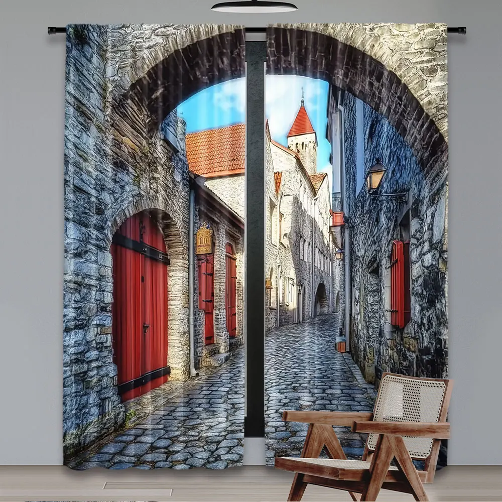 2Pcs Medieval Curtain Old Stone Street Passage Estonia Middle Ages Town Heritage Art Suitable For Bedroom Bathroom Dining Room