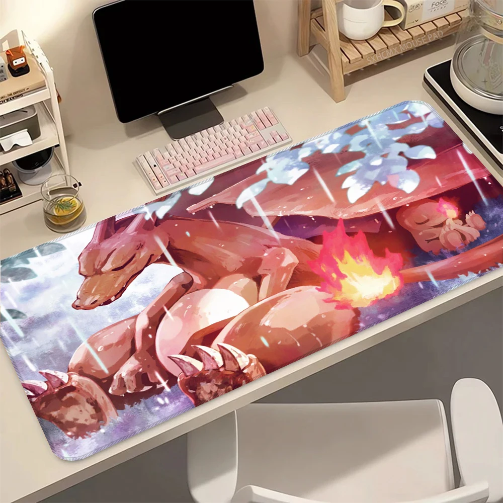 Anime Charizard Gamer-Mauspad, 100 x 50 cm, extra große, weiche, rutschfeste Schreibtischunterlage für PC-Tastatur, Maus, P-Pokemon-Liebhaber