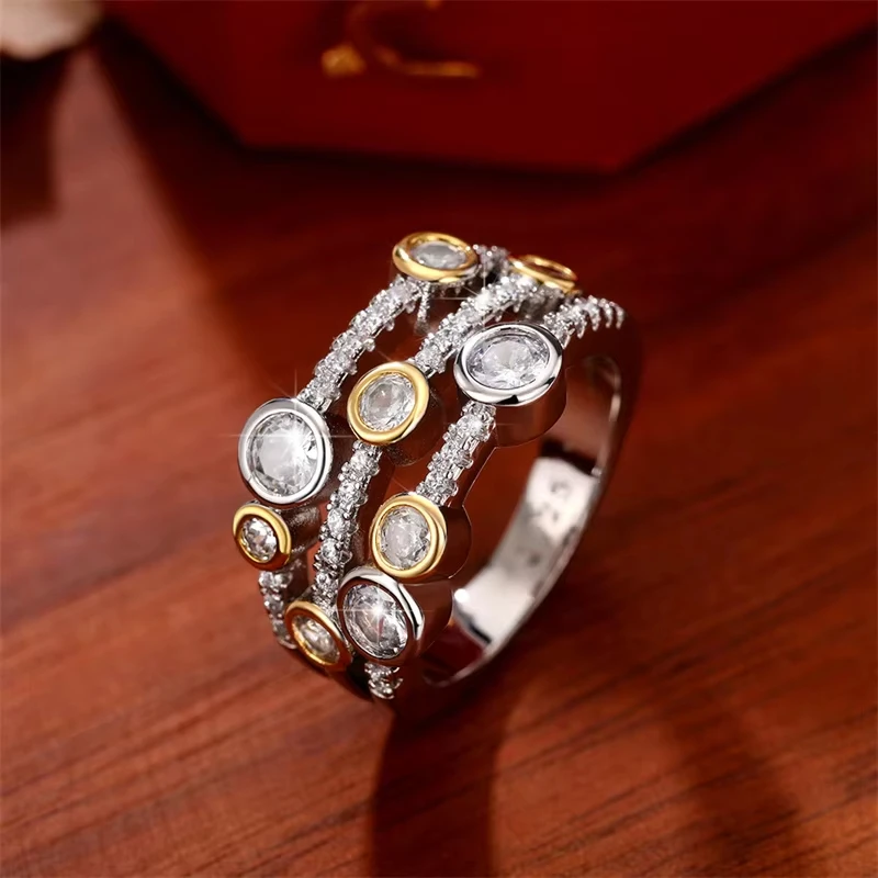 

Huajie Sparking Cubic Zirconia Two Tone Rings for Women Hollow Full Paved Exquisite Banquet Fashion Ring Jewelry