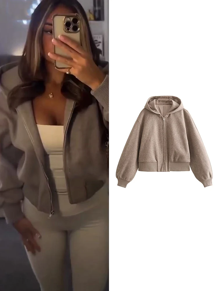 Casual Zipper Bomber Jackets For Women Chic Thick Warm Cropped Hooded Jackets Coat Autumn 2025 Long Sleeve Fashion Outerwears