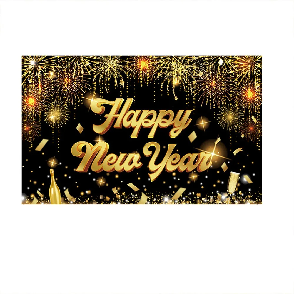 

Black Gold 2026 New Year Backdrops Colorful Balloon Polyester Celebration Banner Night Glittering Champagne New Year Banner