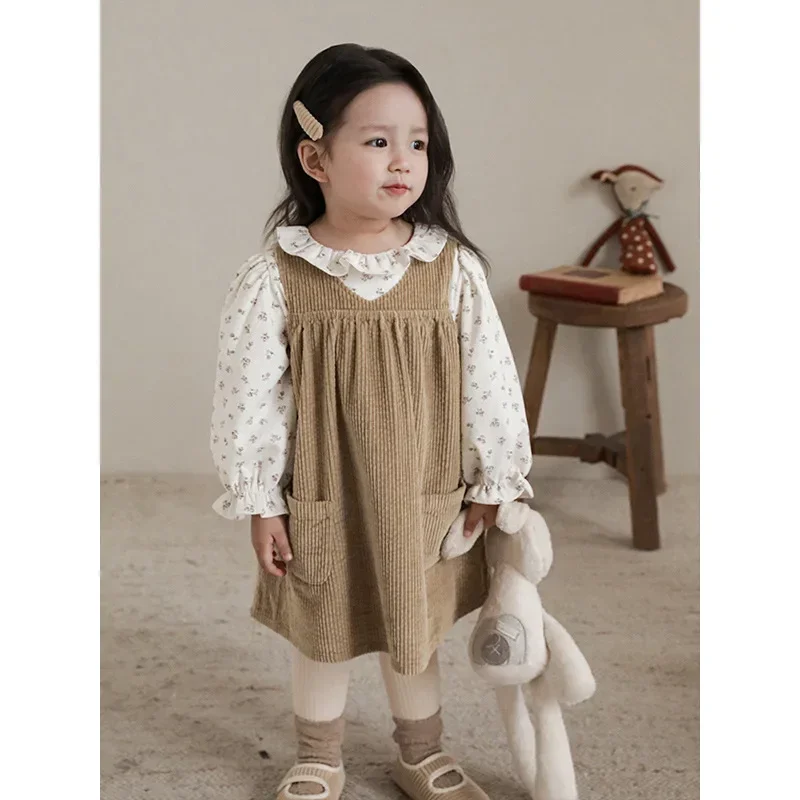 Girls\' Striped Velvet Dress Loose Children\'s Korean Casual Suspender Dress 2023 Spring Autumn New Clothes