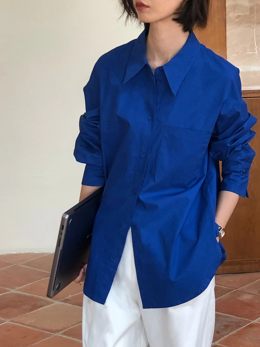 

Loose Original Design Klein Blue Long Sve Square Collar Pure Color Spring 2024 Women's irt Comfortable Casual Top