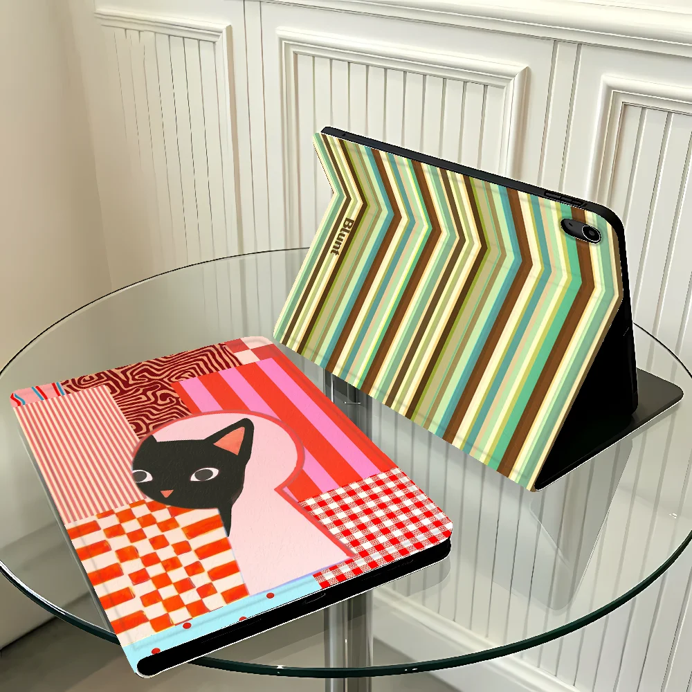 Cartoon Cat Check Patch With Pencil Holder Case for Apple iPad Air 11 13 M4 M3 M2 A16 2026 Pro11 13 10th 7/8/9th Air 4/5/6th