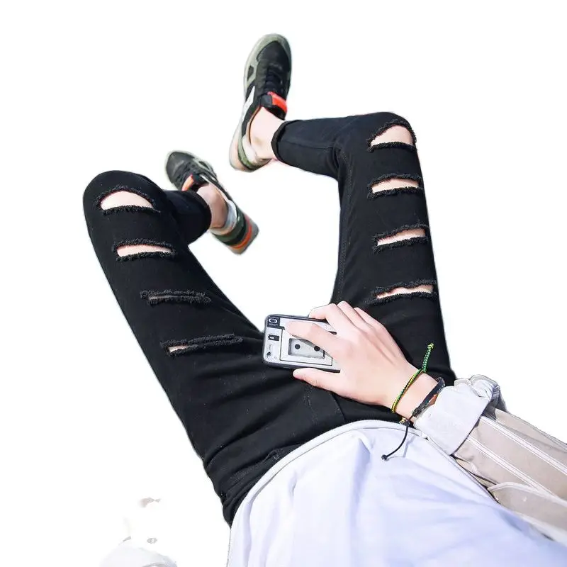 

Wholesale 2022 Fashion Broken Jeans Supply Male Soil Black Feet Slim Type Ankle Length Stretch Student Korean Trend Beggar Pants