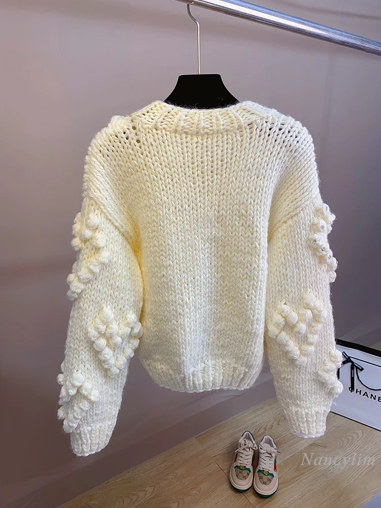 2023 Autumn and Winter Thick Needle Handmade Crochet Three-Dimensional Ball Beaded Sweater Coat Round Neck Knitted Cardigan