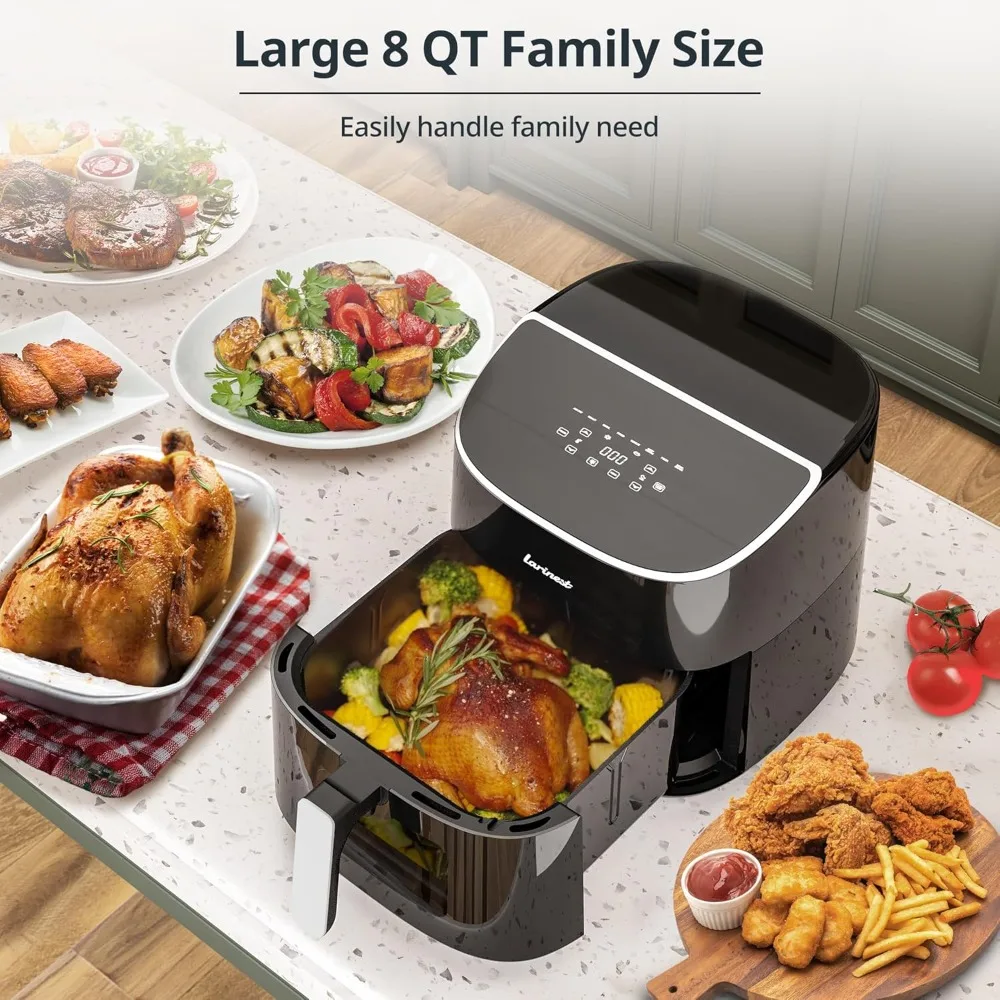 Tamanho familiar Air Fryer, Janela de Visualização Fácil, Cozinha Saudável Rápida, Cesta Segura para Lava-Louças, Tela Sensível Ao Toque Digital, Silencioso, Preto, 8-em-1