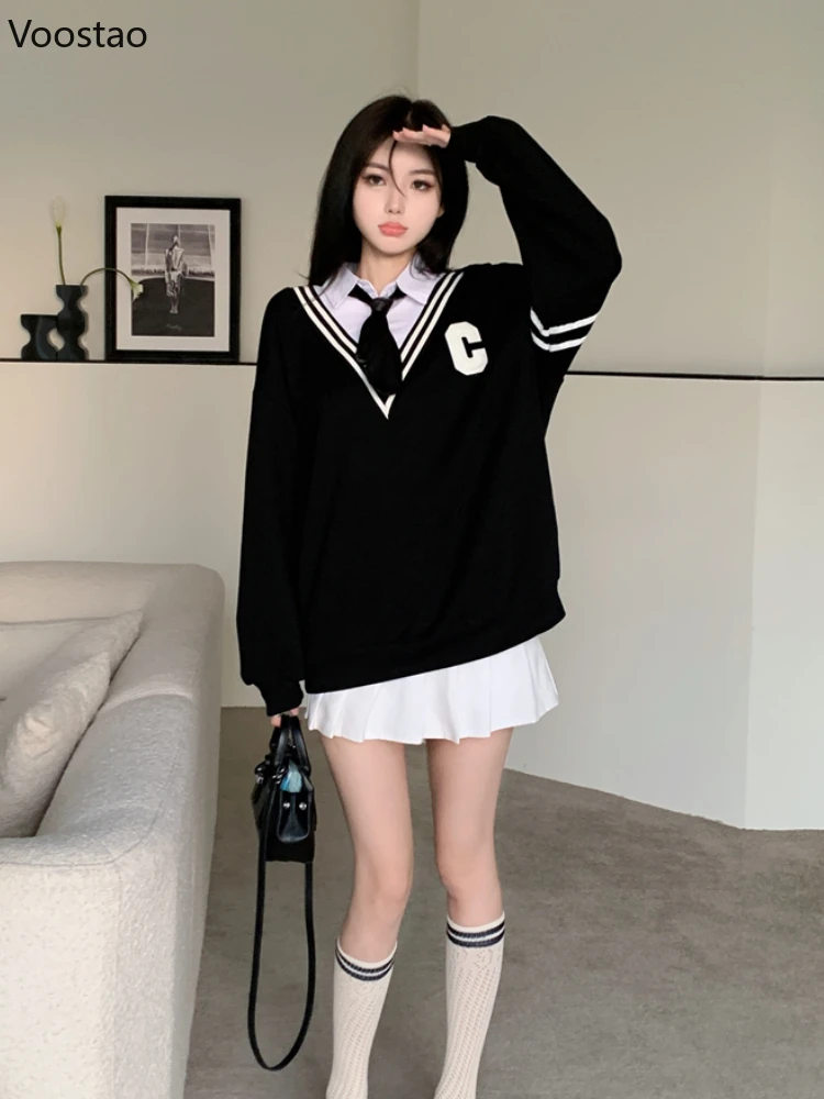 Spring Autumn Preppy Style Fake Two Piece Stitched Shirt Loose Sweatshirts Women Vintage Casual Hoodies With Tie Streetwear Tops