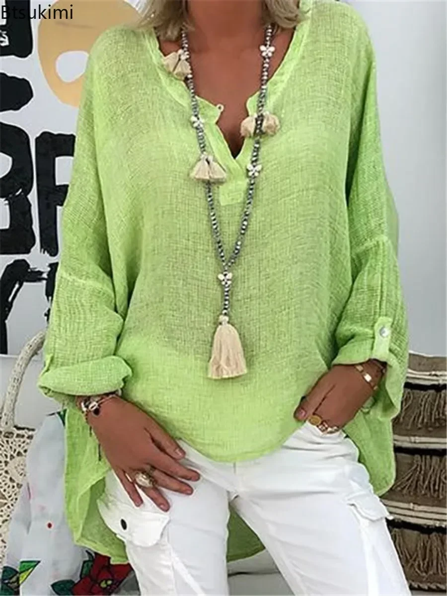 2025 Fashion Solid Long Sleeve T-shirt for Women Loose Casual V-neck Pullover Tops Females Simple Basic Versatile Tees Oversized image 6
