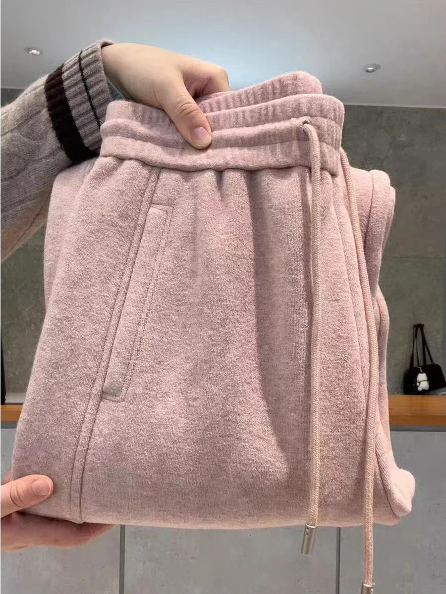 

Pink Fleece Lined Knitted Casual Pants Women's Autumn Winter Warm Slimming Drapey Drawstring Loose Fit Straight Leg Trousers