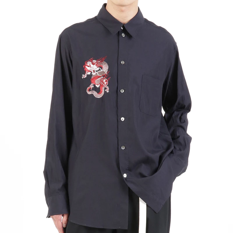 YAMAMOTO-Style Shirt 2024 Dark Style Embroidered Dragon Pattern Long Sleeve Shirt For Men And Women Owens Loose Casual Shirt