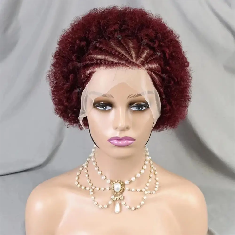 Wig rambut manusia potongan Pixie 99J keriting pendek 13x4 Wig Frontal renda transparan Wig merah Burgundy 99J Wig rambut manusia warna-warni dengan kepang