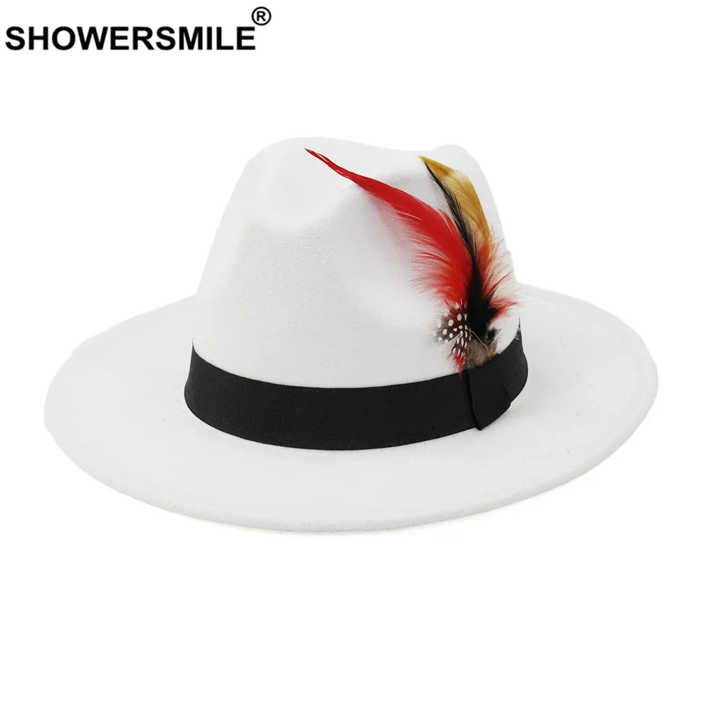 

SHOWERSMILE British Style Church Women Wide Brim Wool Felt Fedora Panama Hat Feather Men Jazz Trilby Cap Party Formal Top Hat