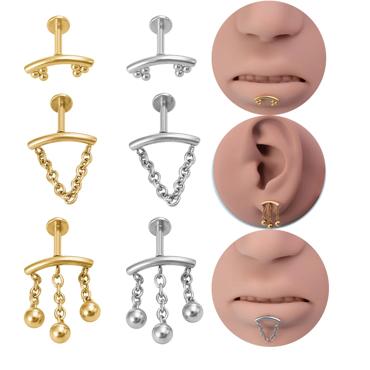 1PC Chain Pendant  Lip Ring Piercing Labret Stud Earring Ear Cartilage Tragus Helix Stainless Steel Bar for Women Body Jewelry