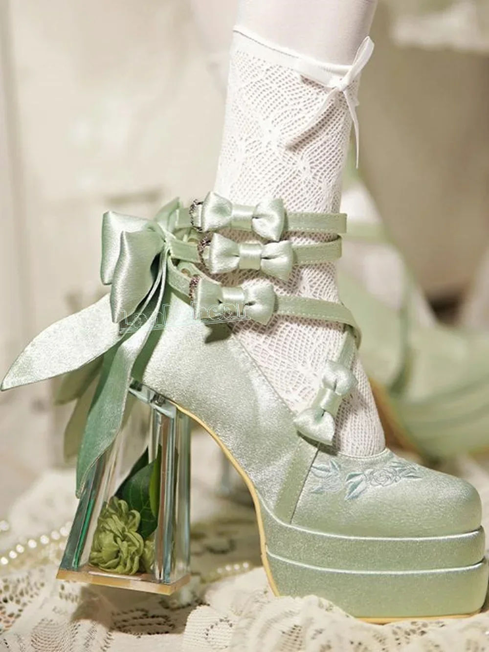 Mary Jane Women Pumps Transparent Rose Heel Square Toe Suede Solid Butterfly Knot Double Platform Chunky High Heels Lolita Bow