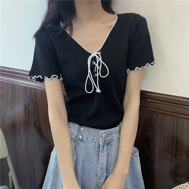 

Women Summer V-Neck Short Sleeve Y2k Harajuku Tops Casual sweet Black Bandage Tee Shirts Kawaii Cute Femme Korean T Shirt Crop