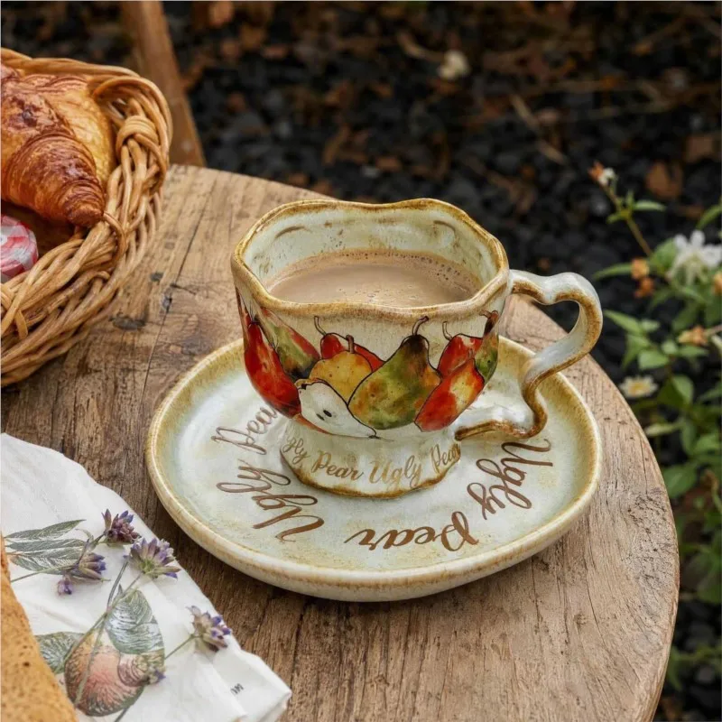 Hand Drawn Pear Pattern Design Coffee Cup With Plate Making Old Mug Ceramics Household Water Cup Office Afternoon Tea Cup ZJ231