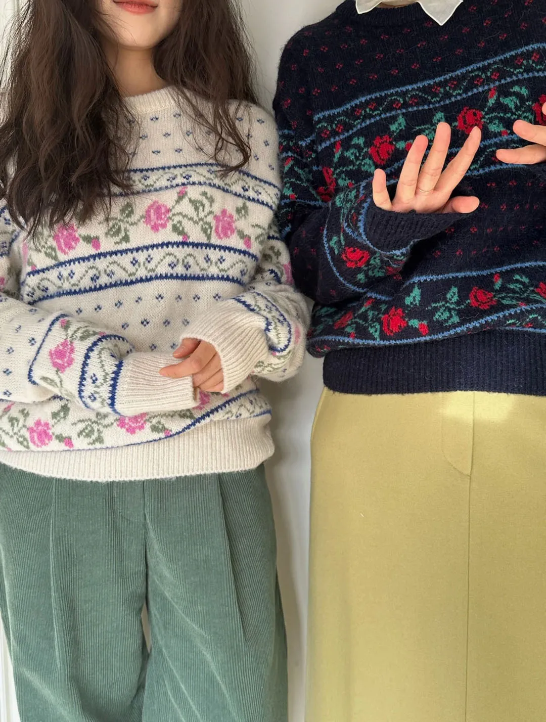 Morbido e accogliente maglione lavorato a maglia da donna sciolto motivo floreale vintage Dongdaemun Siene Rose ricamo lungo Sve rotondo Ne Top