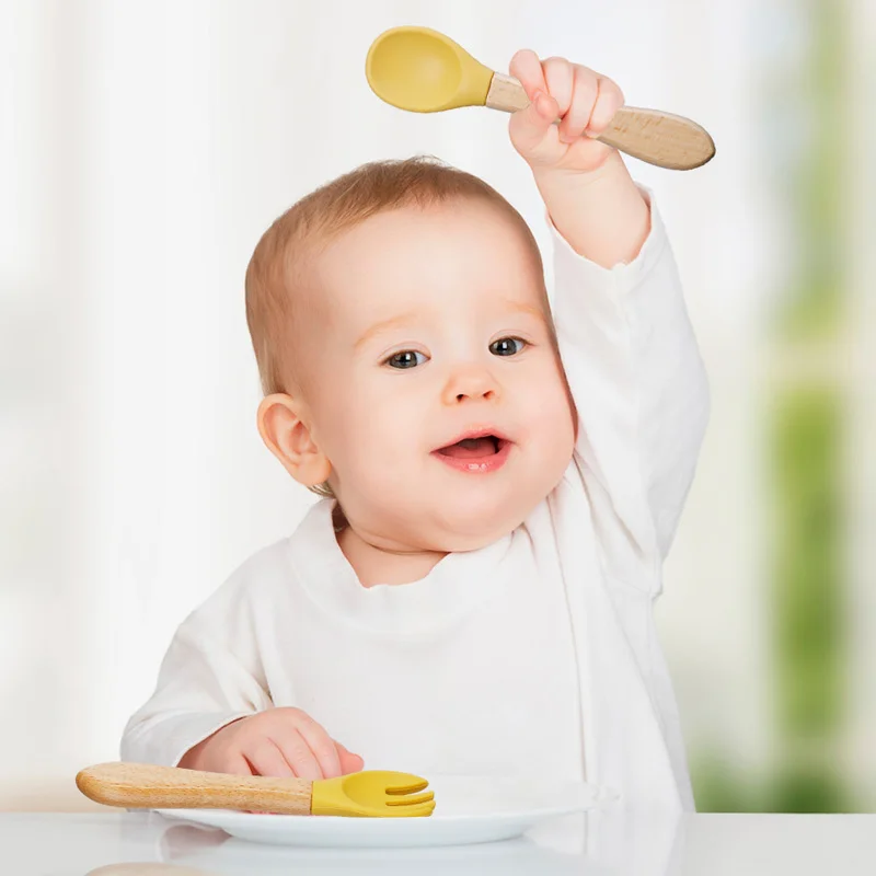 TYRY.HU 1Set Baby Silicone Fork Spoon Set Wooden Handle Children Silicone Feeding Fork Spoon Set Christmas Gift Birthday Gift
