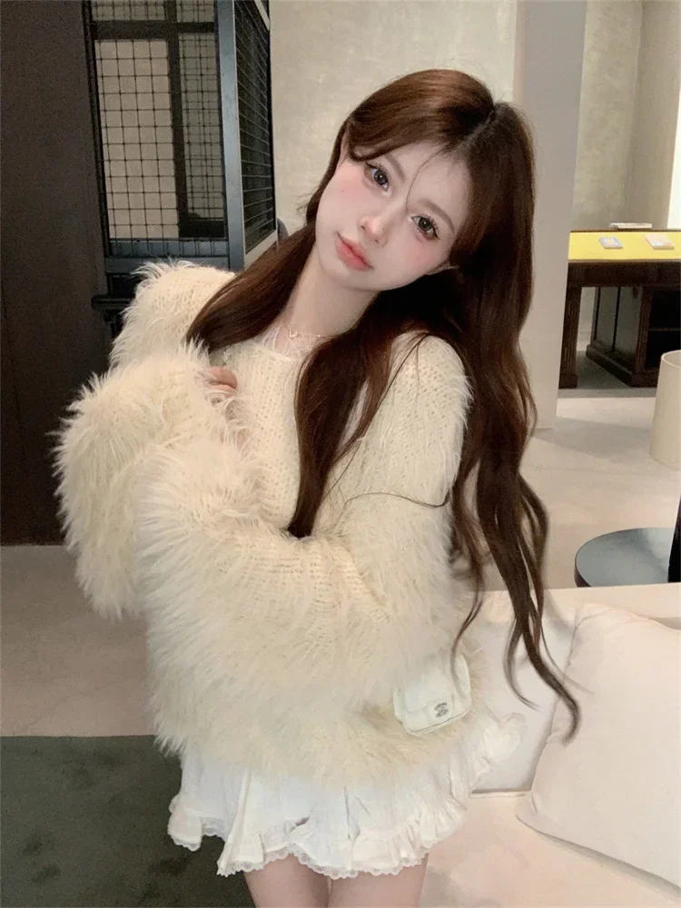 Korean Fashion Mohair Sweater Women Sweet Casual Fuzzy Knitted Long Sleeve Tops Round Collar Lazy Style Winter Bottom Clothes