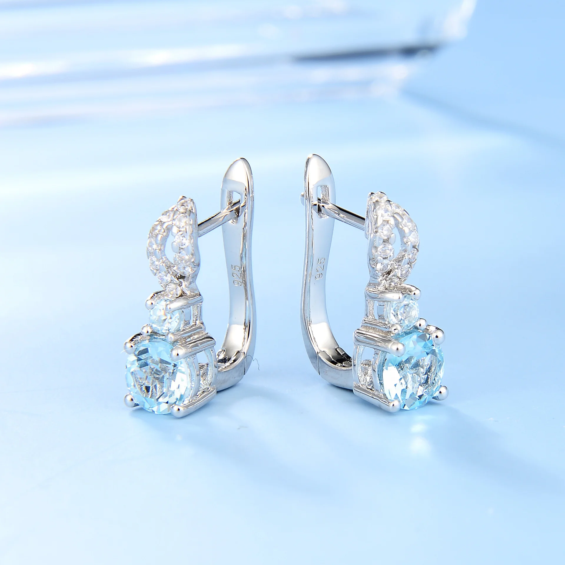 Luxury brand genuine real jewels Straight natural stone with s925 silver topaz earrings and studs high quality