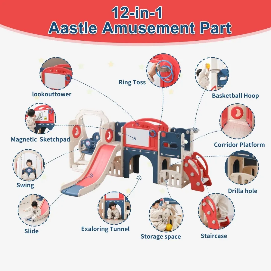مجموعة لعب متسلق خارجي للأطفال الصغار مع كرة سلة للأعمار من 1 إلى 3 سنوات مجموعة منزلق وأرجوحة 12 في 1 منزلق داخلي لملعب D