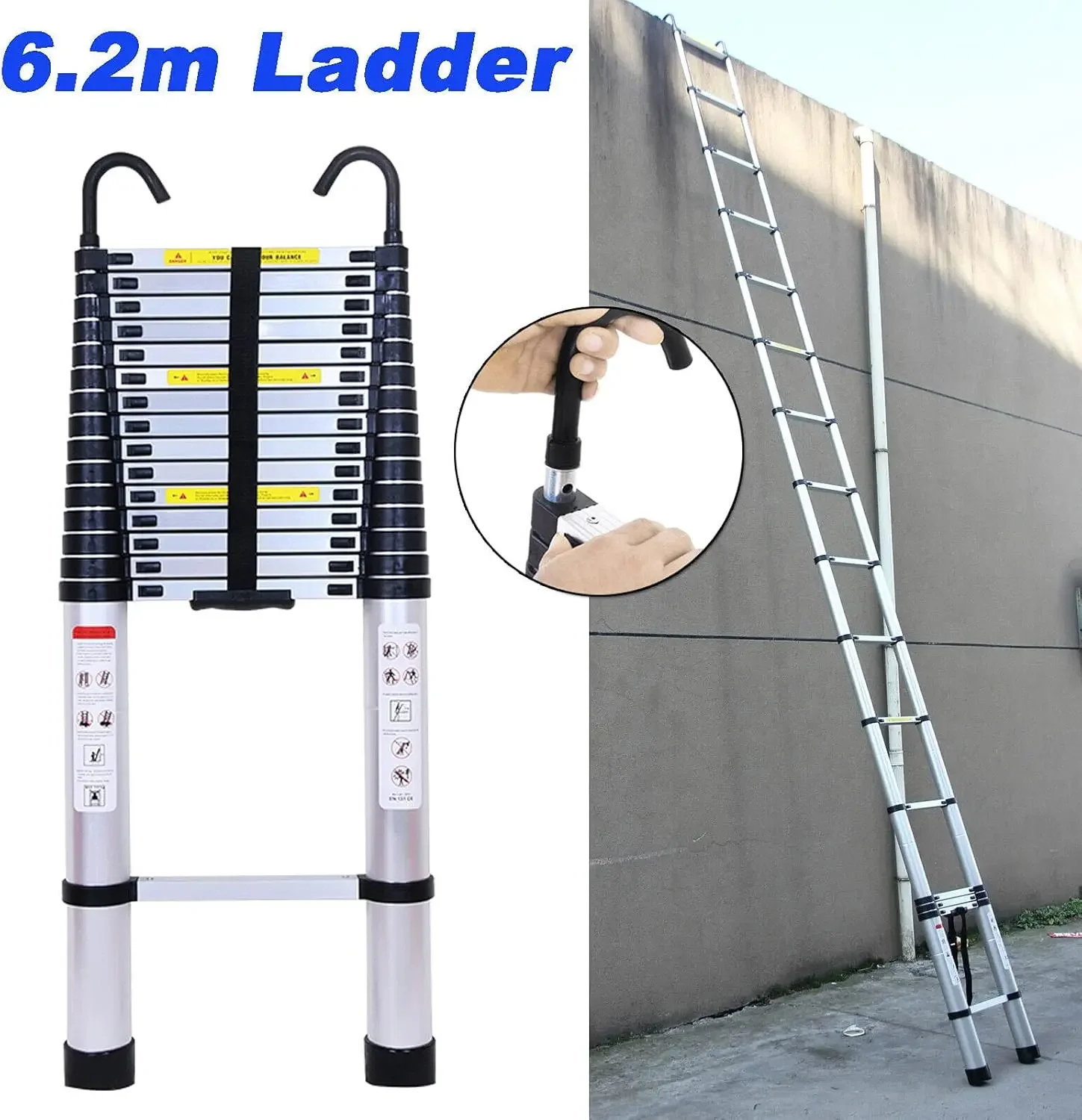 Aluminum Telescopic Extension Ladder Heavy Duty 20 Foot Portable Collapsible Multi Purpose 330 Pound Capacity Detachable Hooks view 4