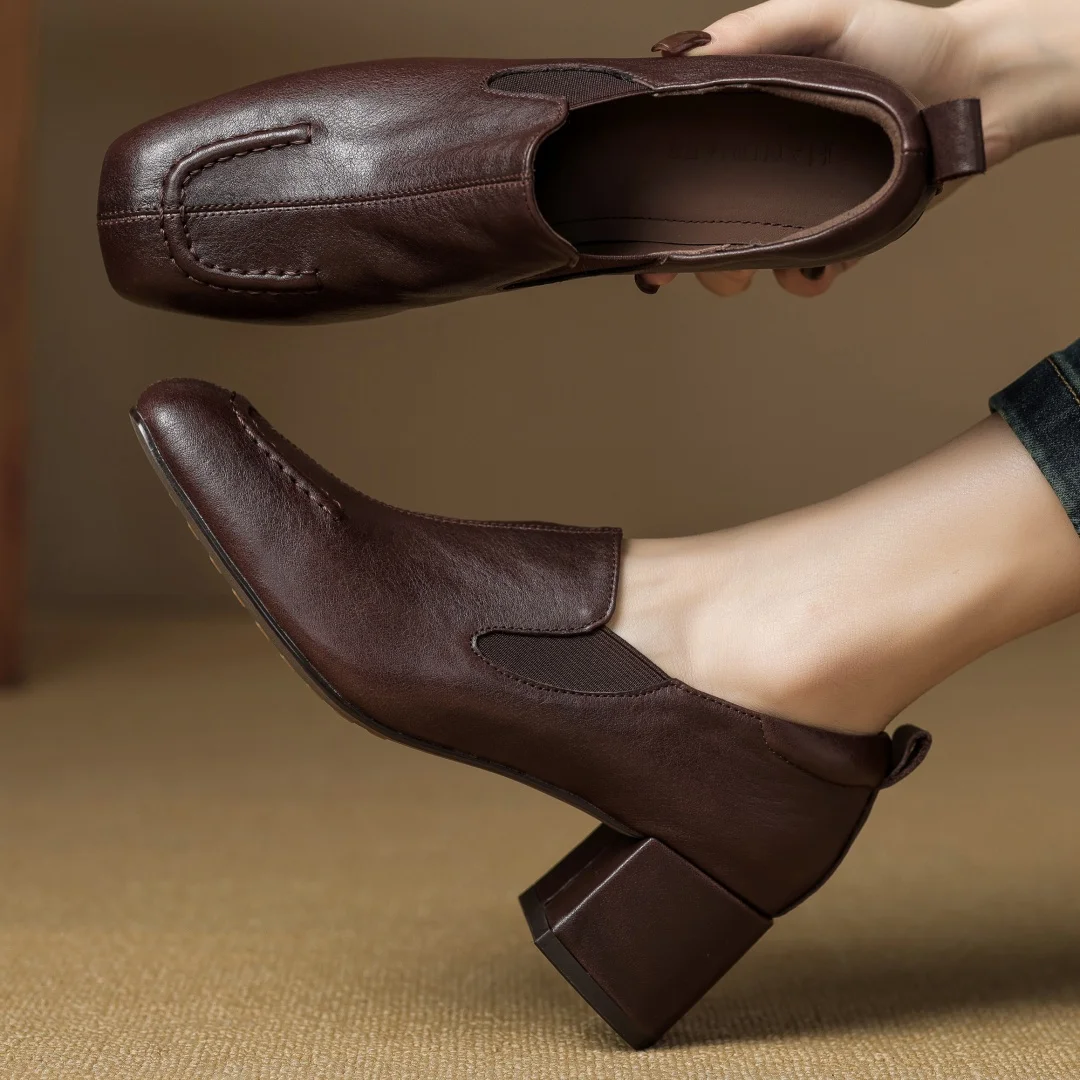

Women's cow leather square toe elastic slip-on pumps 5.5cm thick med heel OL style daily slim dress heeled shoes for woman sale