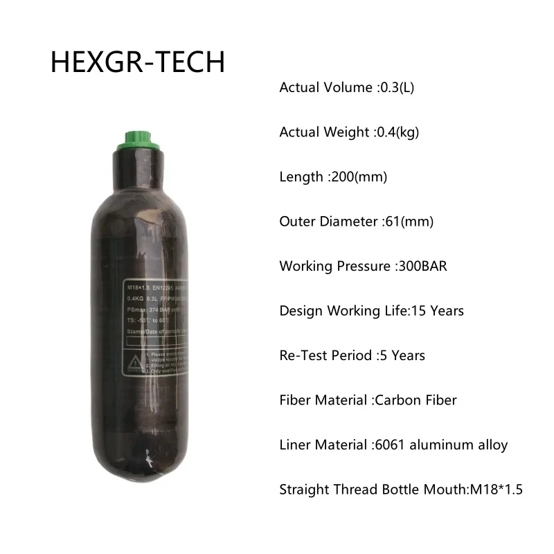 Imagem -06 - Cilindro de Gás o para Mergulhar Cilindro Preto da Fibra do Carbono Hpa Airtank 4500psi 300bar 0.22l0.3l0.36l0.5l Pcp M18 15 de Alta Pressã
