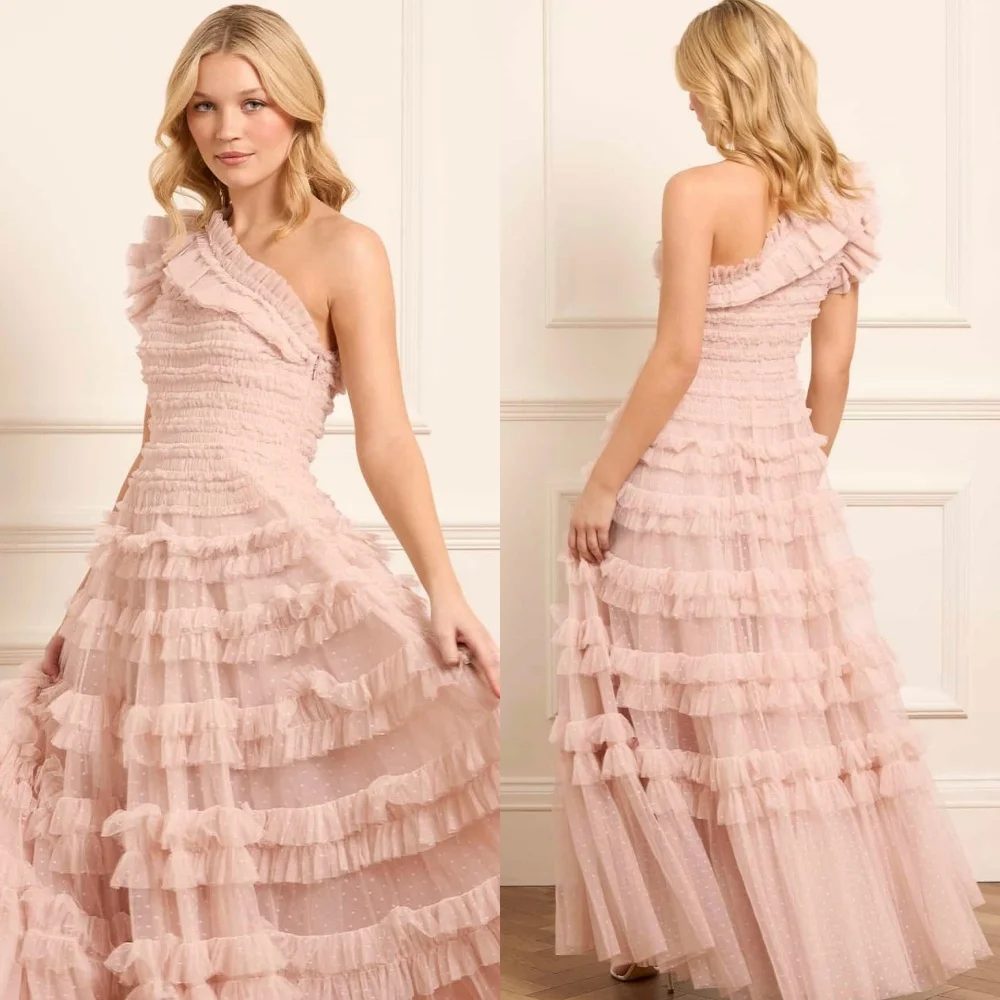 

Customized Modern Style Classic Tulle Tiered Draped A-line One-shoulder Long Dresses Bespoke Occasion Dresses High Quality