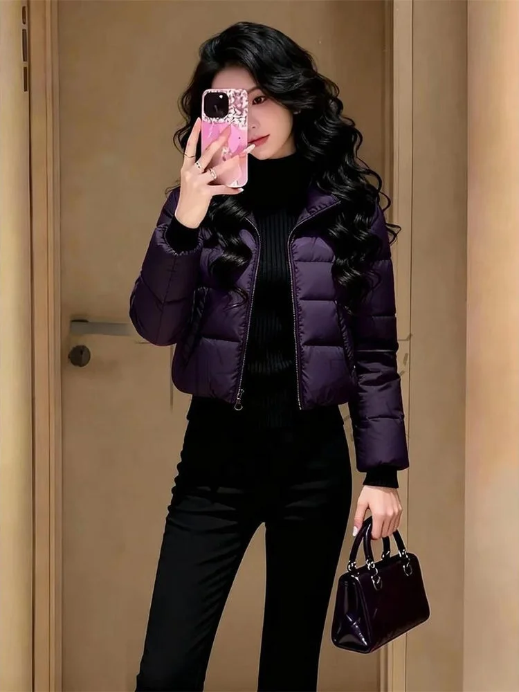 

Fashionable Winter Short Cotton Jacket Warmth Luxury Versatile Purple Trendy Style Commute Korean Fit Zipper Closure Color