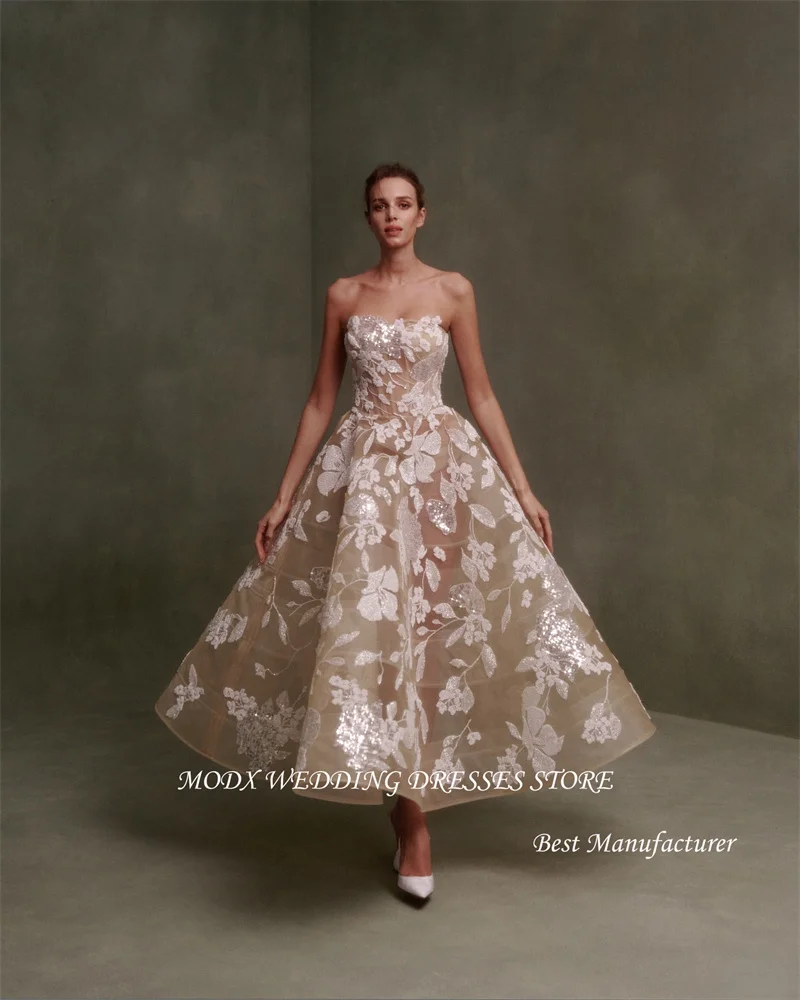 MODX Exquisite Lace A Line Wedding Dresses Strapless Sleeveless Ankle Length Bridal Gowns Nude Lining Evening Party Dress