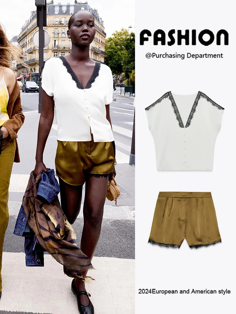 

Summer New Arrival Women's Contrast Color irt Casual orts Set Commute Sle Loose Fit V-Ne ort Sve Pure Color