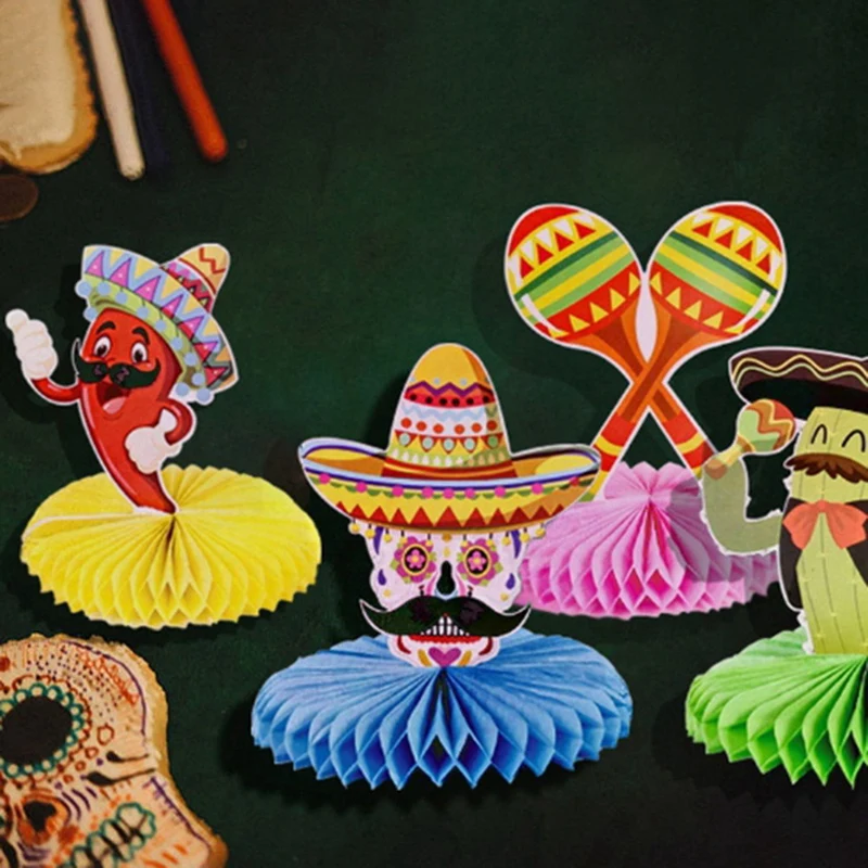 12Pcs Mexican Fiesta Honeycomb Table Centerpiece Cactus Donkey Maraca Sombrero Guitar Table Toppers Centerpieces Decor