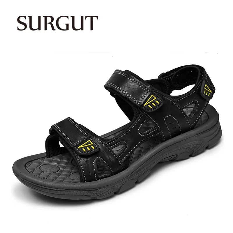 

SURGUT Men Sandals Breathable Comfortable Rebound Wear Resistant Hook And Loop Design Soft Leather Upper Skin Friendly Slippers